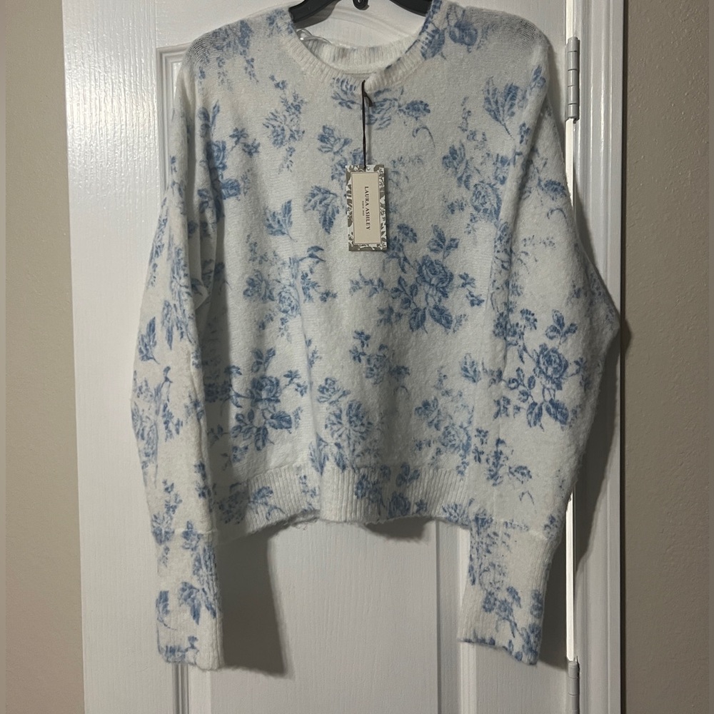 Laura Ashley White Sweater with Blue Floral Print